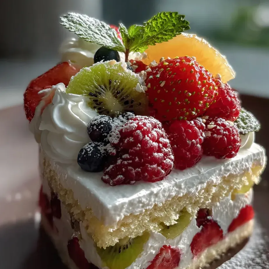 Porción de pastel con frutas arriba.