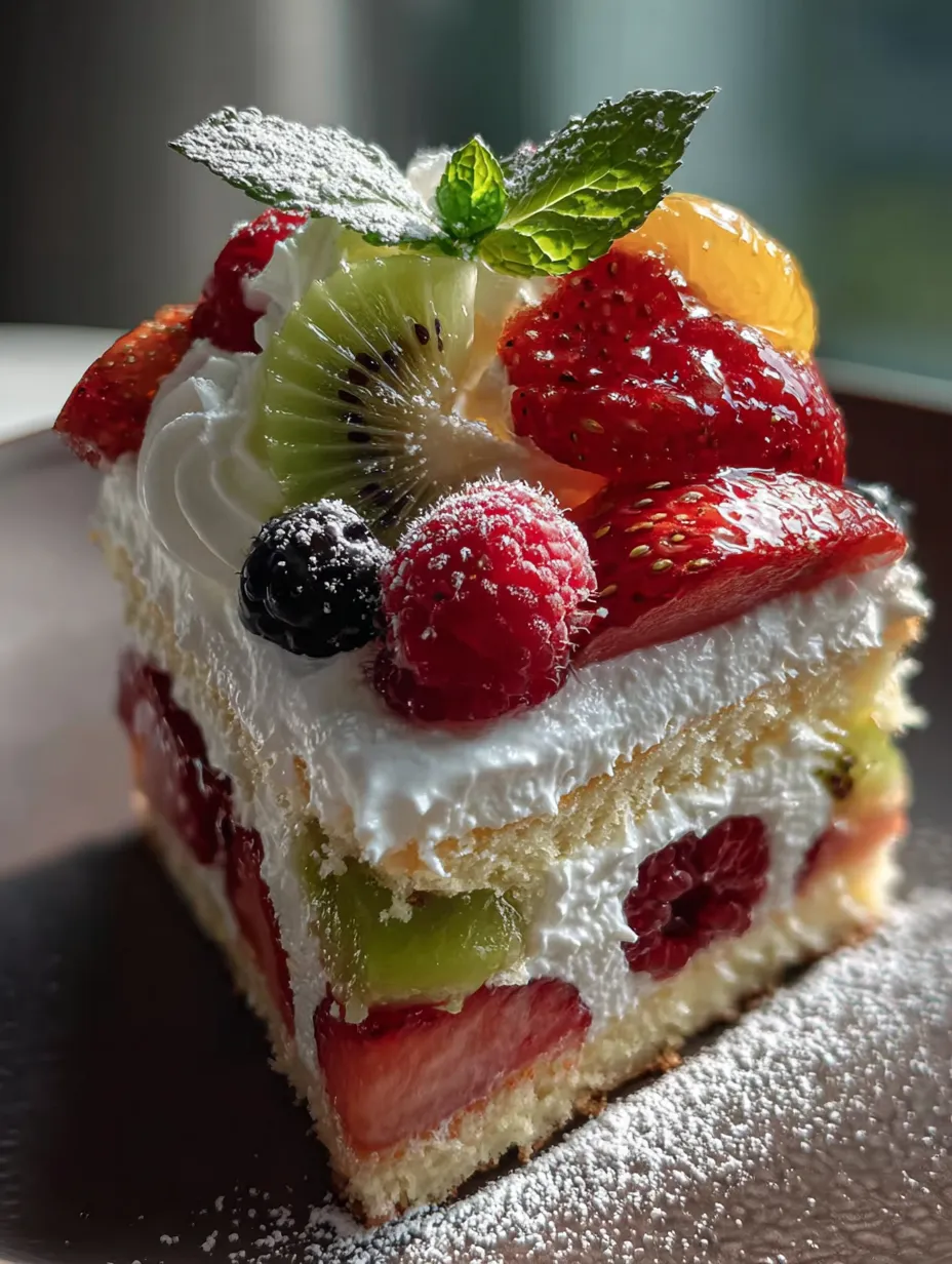 Un trozo de bizcocho con fruta por encima.