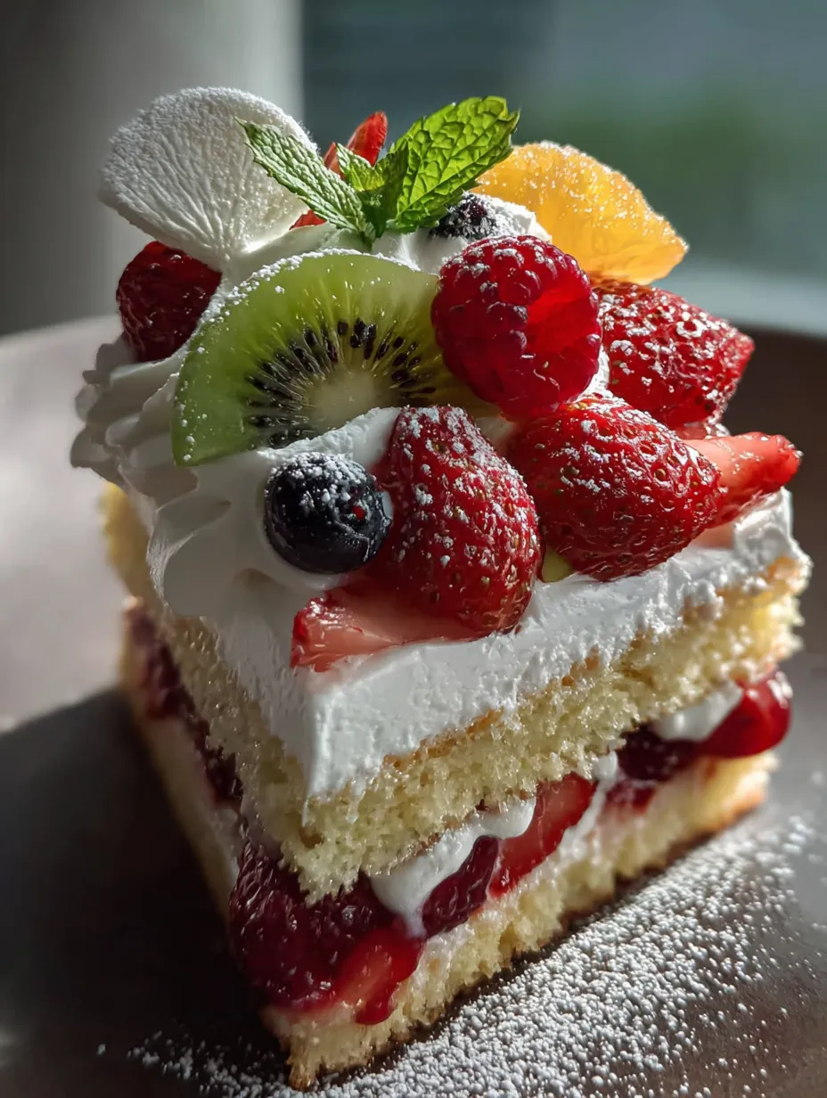 Un trozo de bizcocho con fruta por encima.