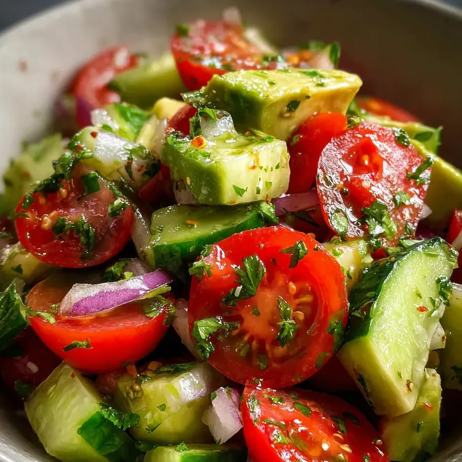 Un bol con tomates, pepinos, cebolla y pimientos en rodajas.