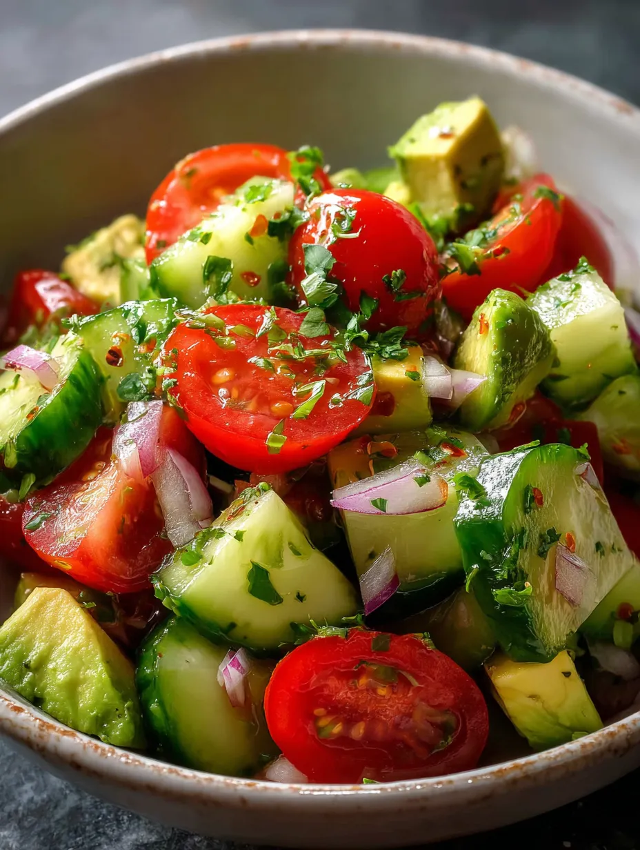 Un bol lleno de verduras como tomate, pepino y aguacate.
