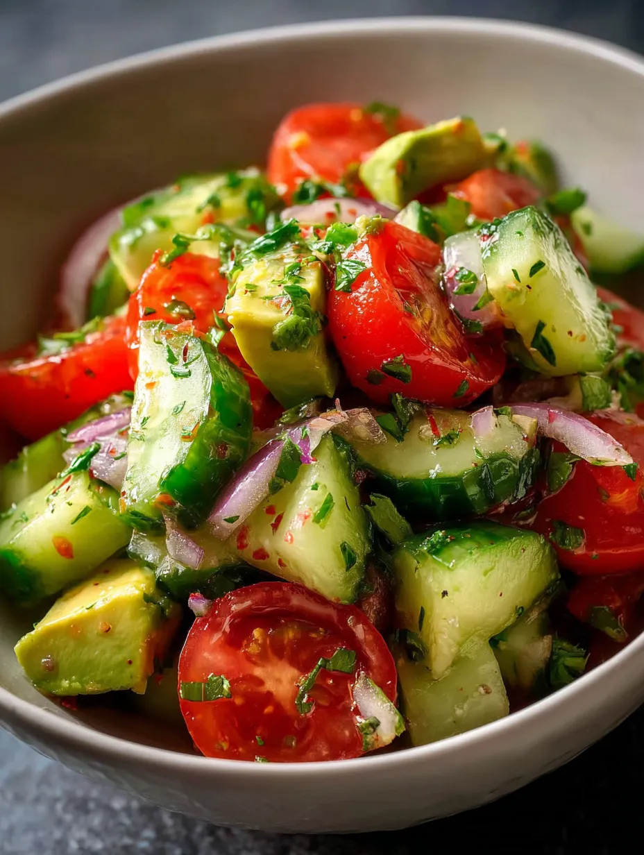 Un bol lleno de verduras como tomate, pepino y aguacate.