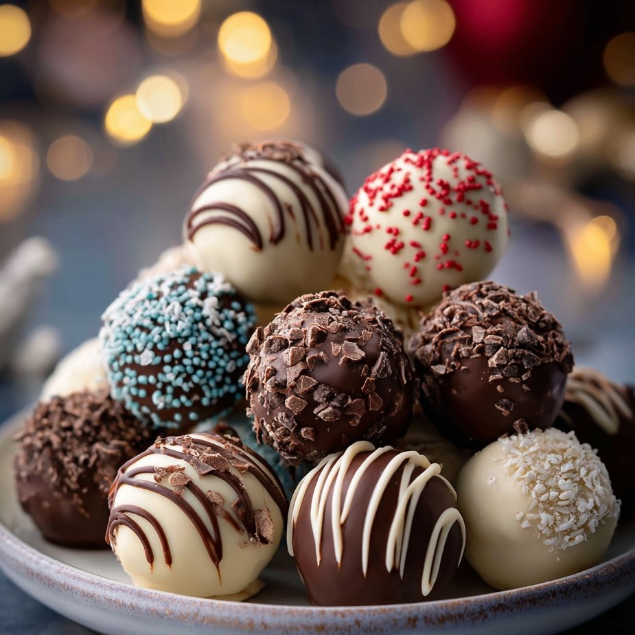 Un plato con bolitas de chocolate y blancas.