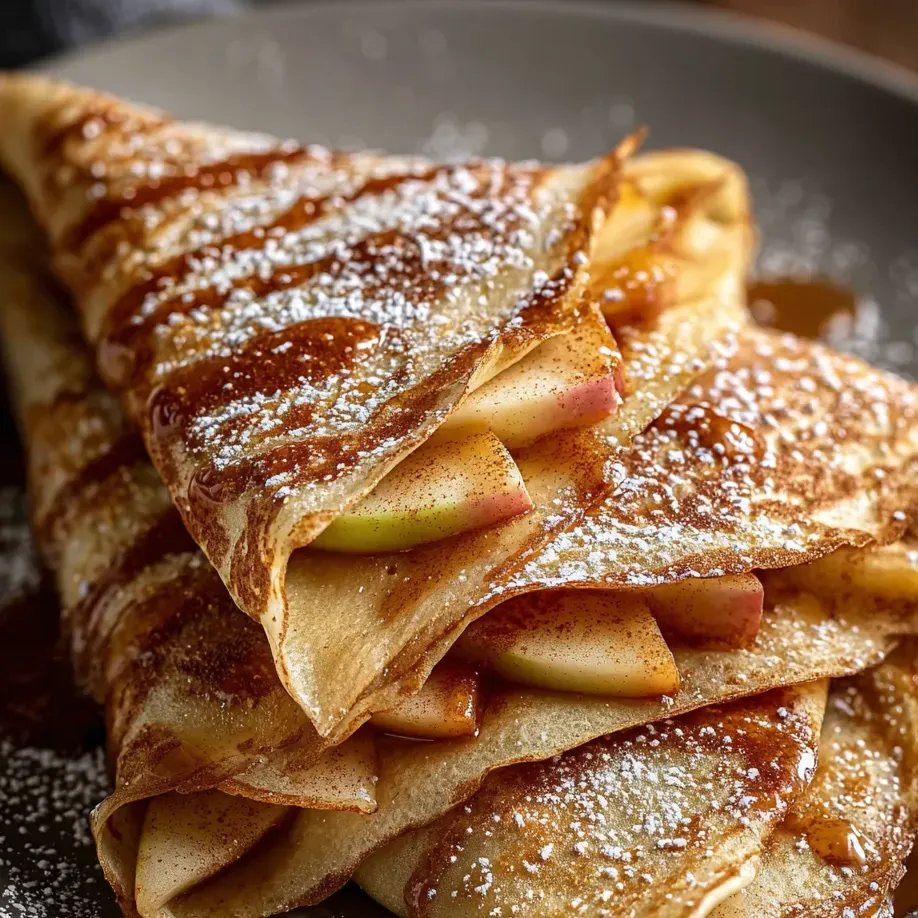 Una pila de crepas de manzana con azúcar impalpable.