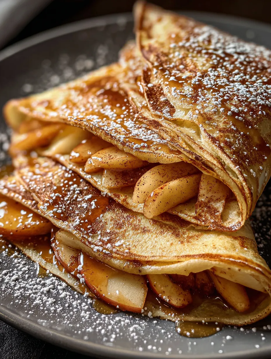 Torre de crepas rellenas de manzana con azúcar glass encima.