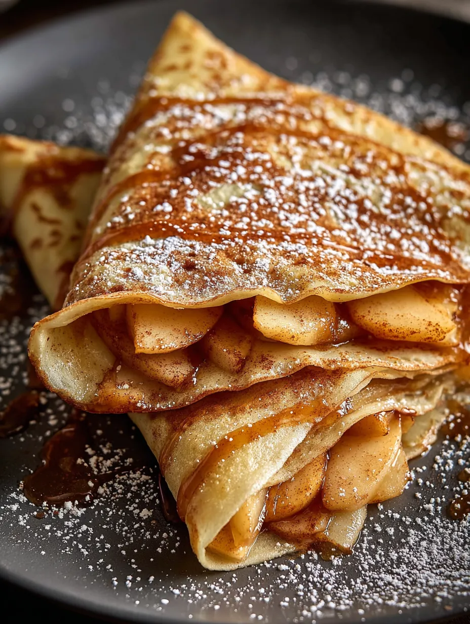 Crepas apiladas rellenas de manzana, polvo de azúcar encima.