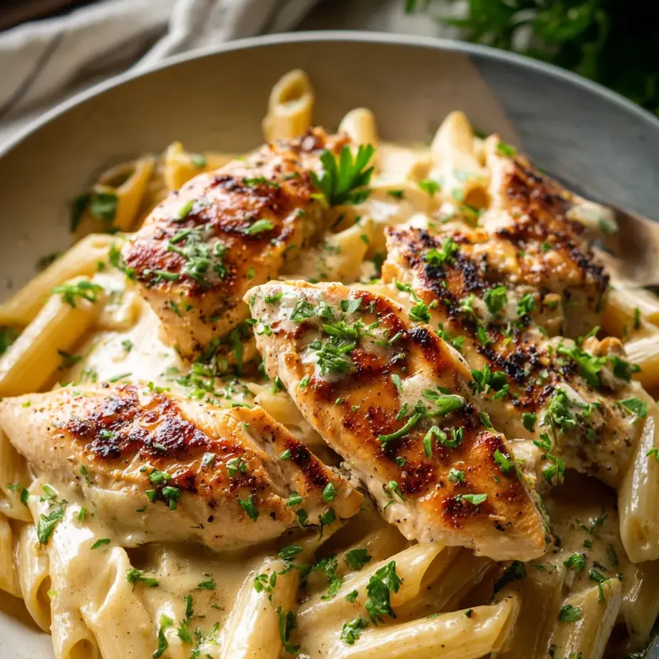 Un plato con pollo y pasta.