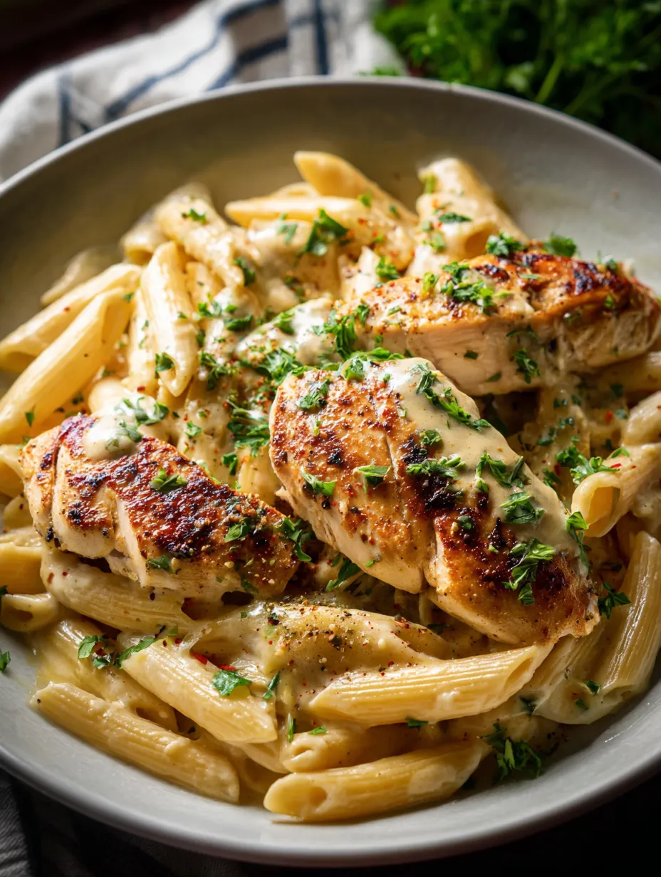 Un bol de pasta con pollo y queso.