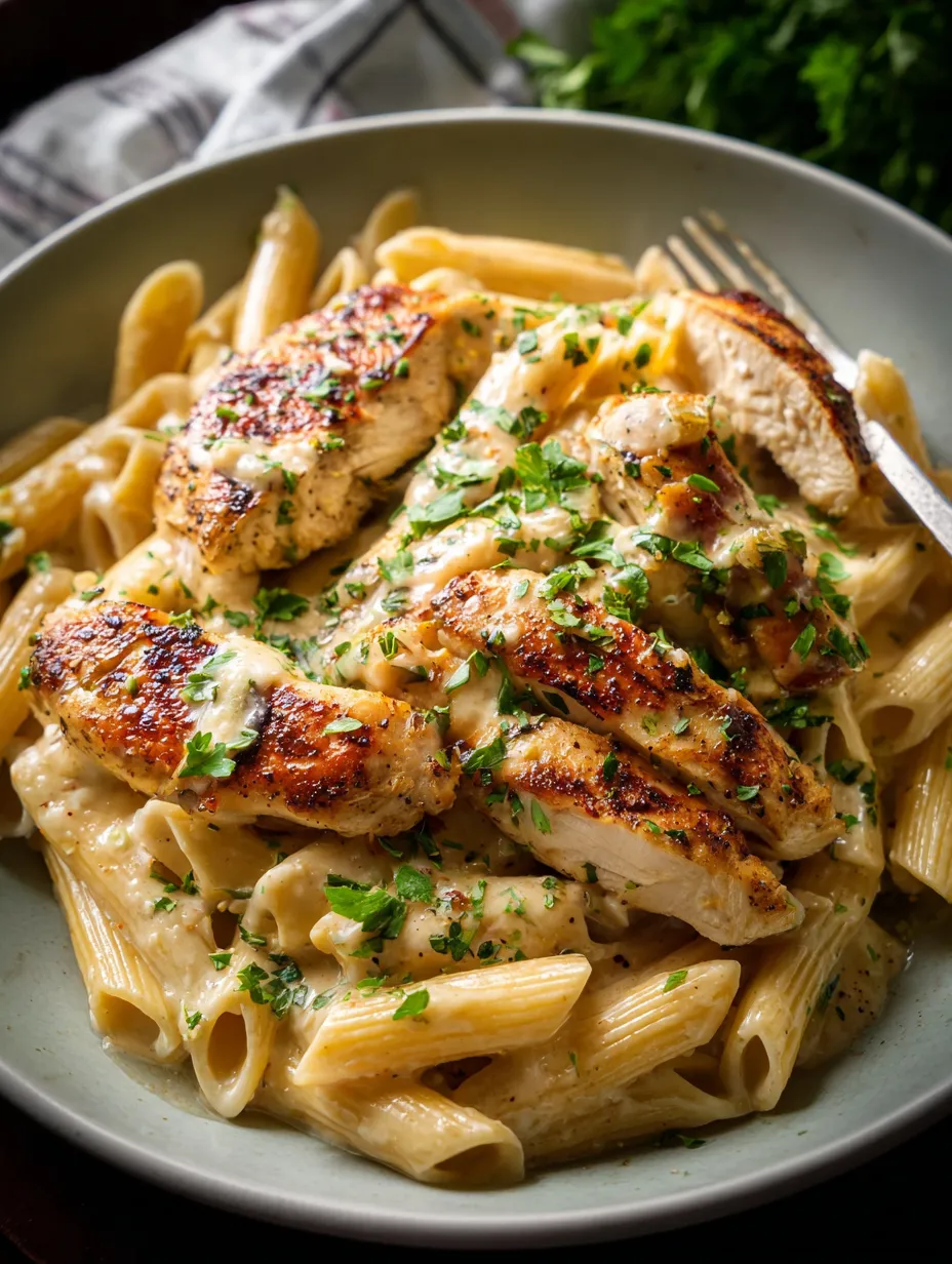 Un plato de pasta con pollo y hierbas frescas.