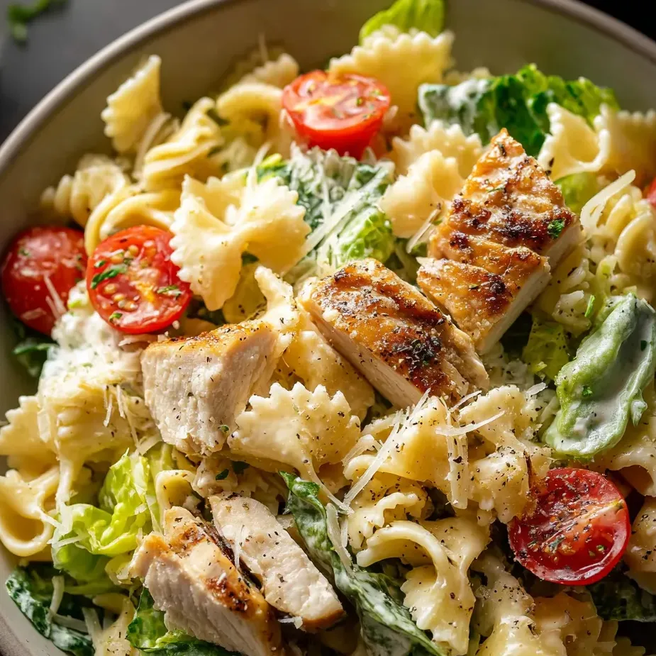 Un bol de pasta con pollo y tomates.
