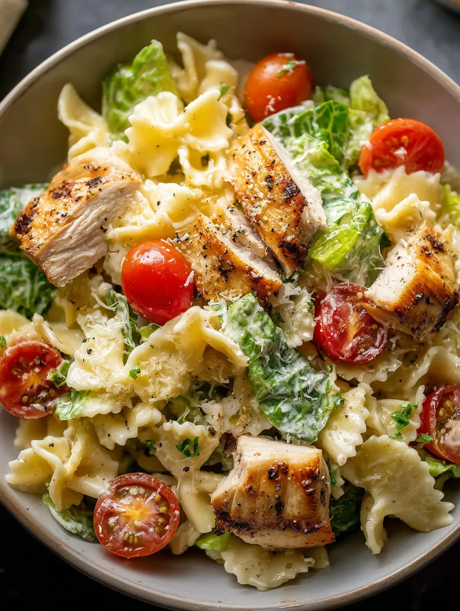 Un bol de pasta con pollo y tomates.