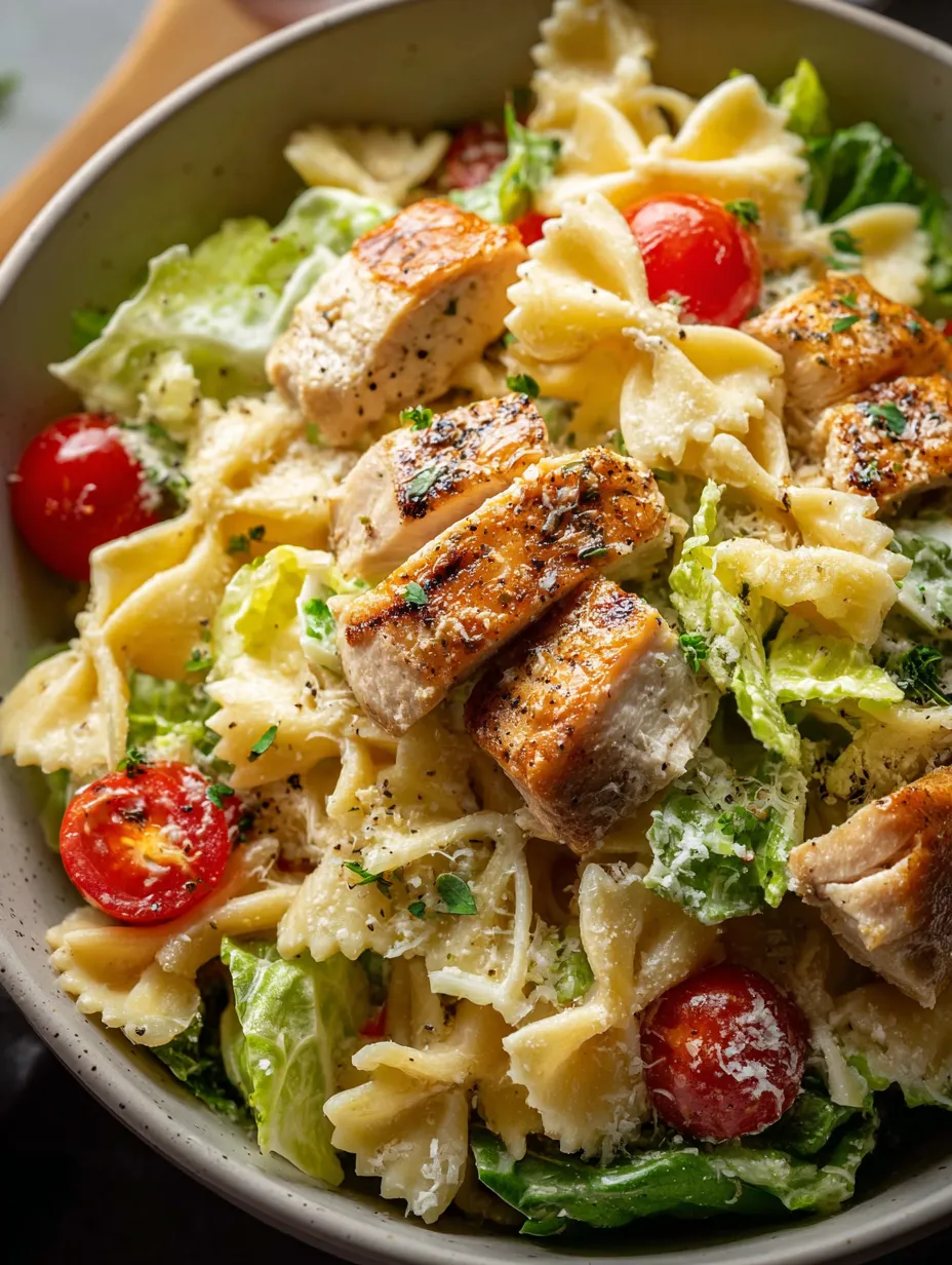 Un bol de pasta con pollo y tomates.