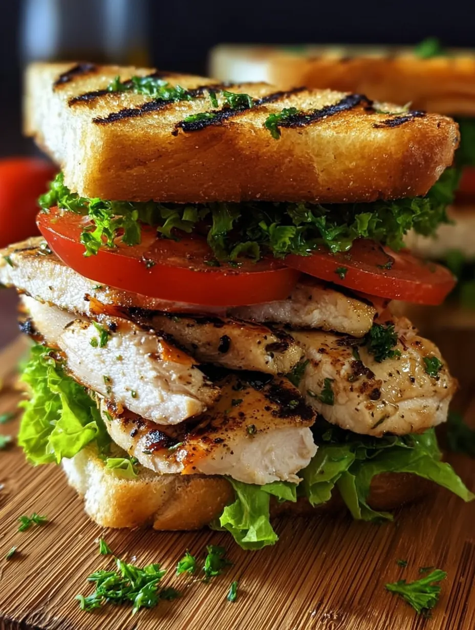 Un sándwich con pollo, lechuga y tomate.
