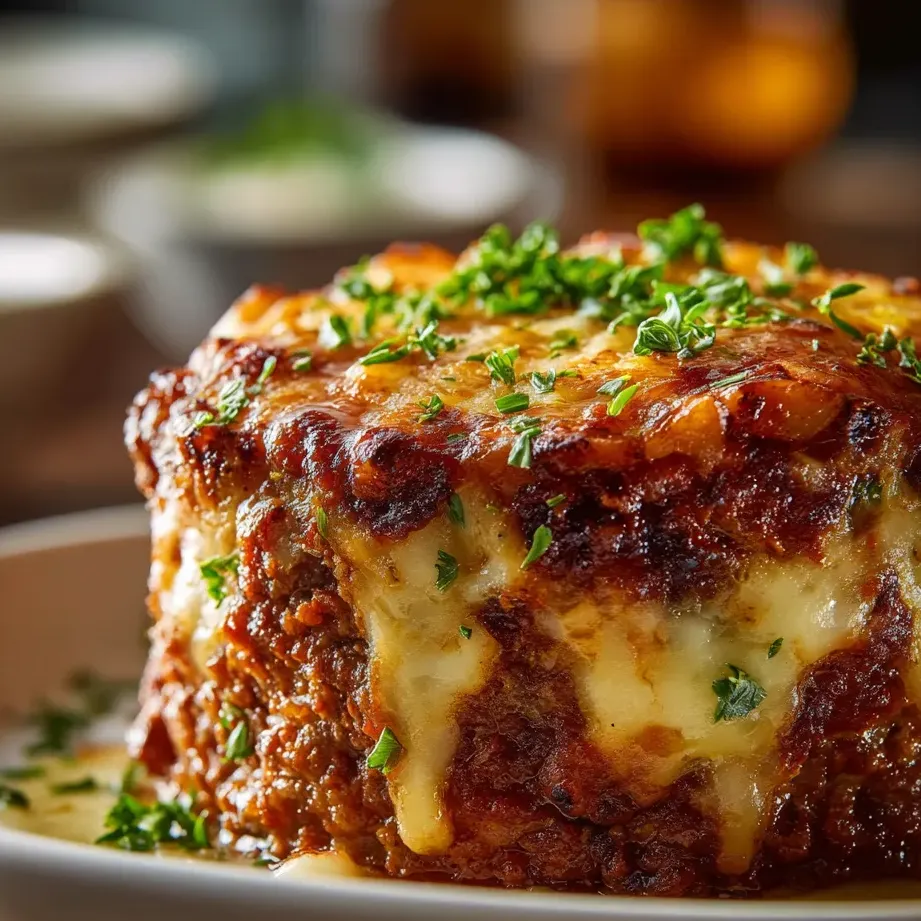 Un plato servido con papas rellenas y pastel de carne.