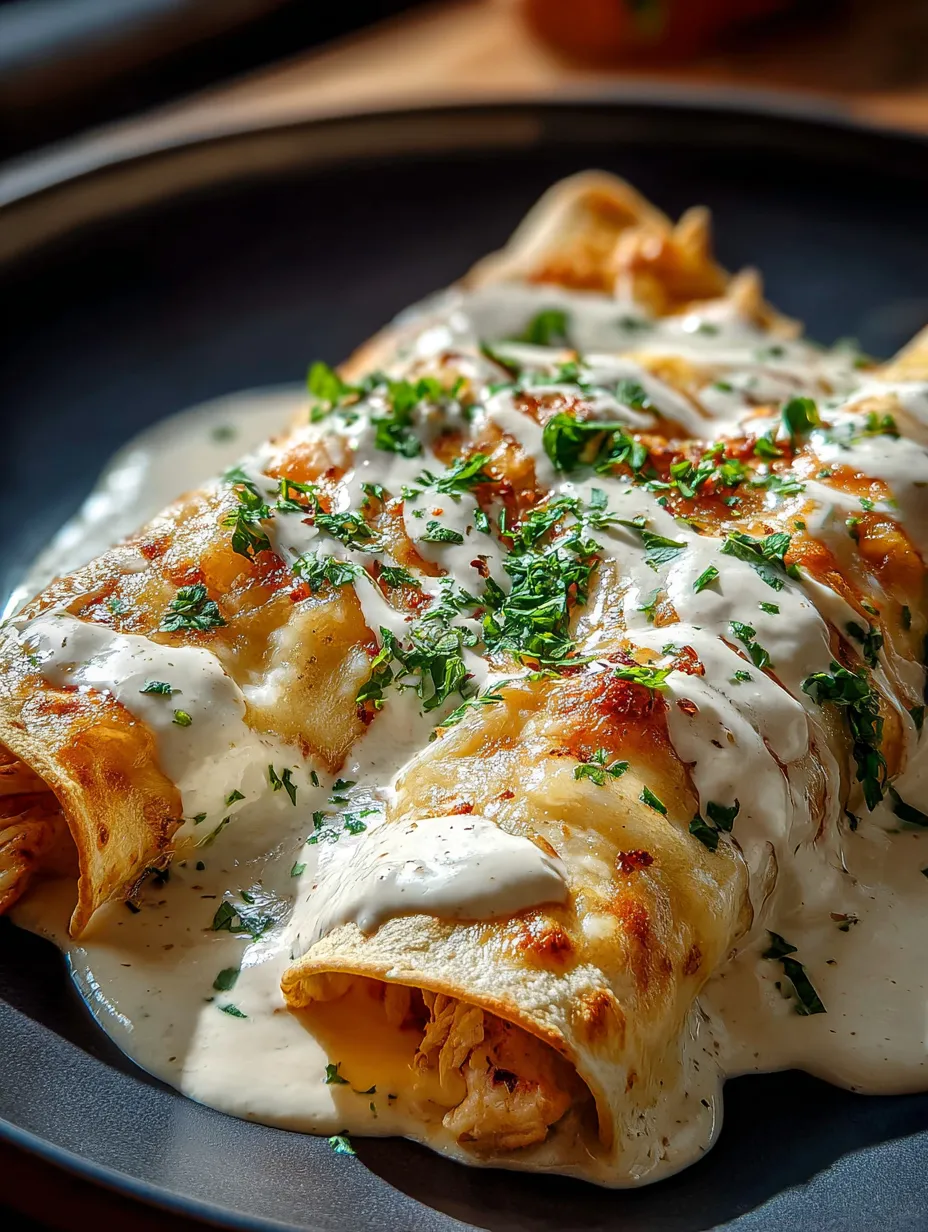 Un plato de comida con salsa blanca.