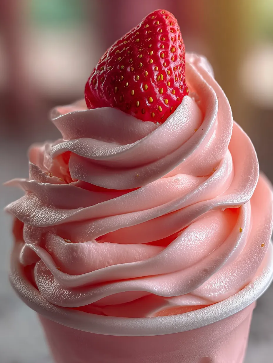 Un cono de helado de fresa rosa y blanco cubierto con glaseado.