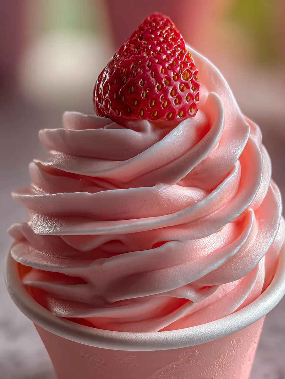 Un cupcake rosa helado con una fresa arriba.