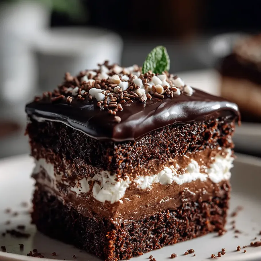 Un trozo de pastel de chocolate cubierto con glaseado blanco.
