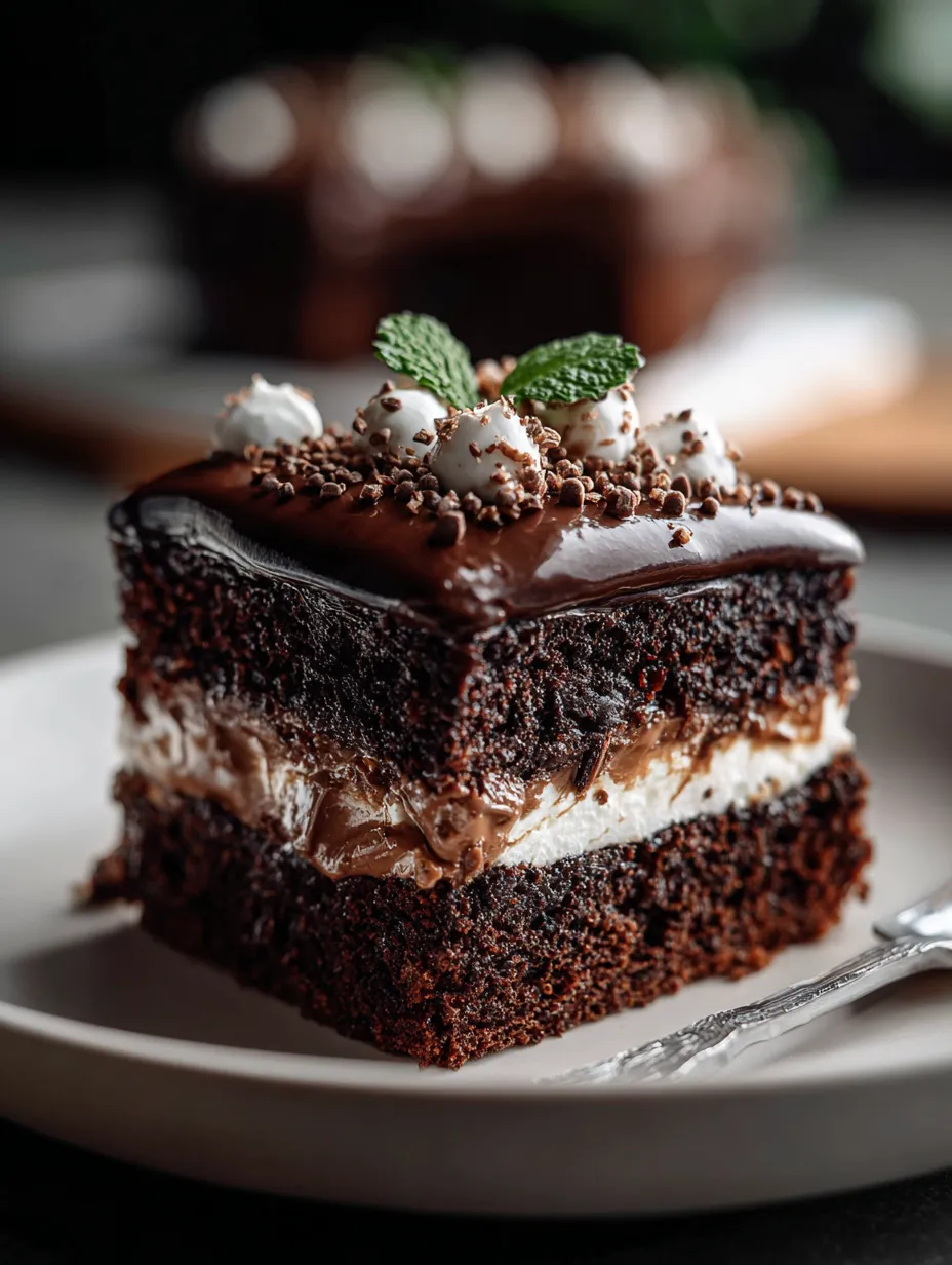 Un pedazo de pastel de chocolate con glaseado blanco y hojas de menta.