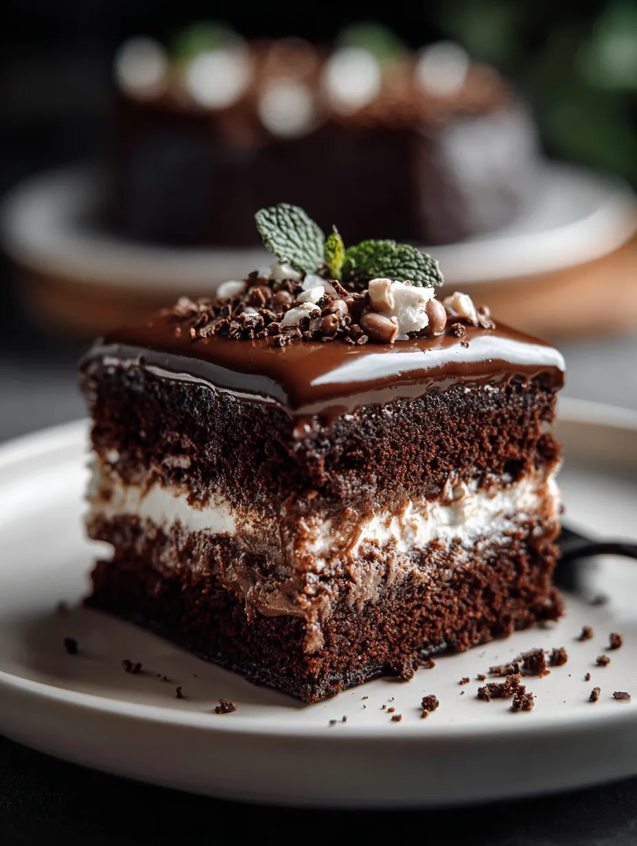 Un trozo de pastel de chocolate con hojas de menta arriba.