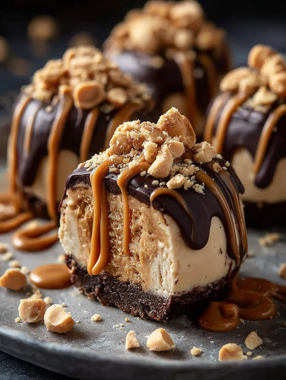 Un pastel de chocolate cubierto con mantequilla de maní y salsa de caramelo.