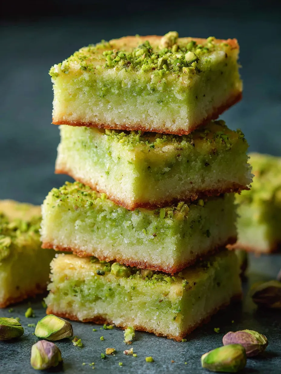 Trocitos de pastel apilados con cubierta verde.