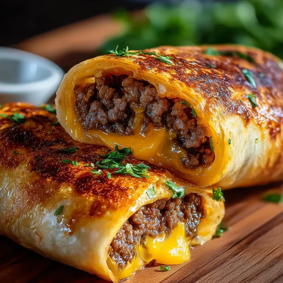 Dos burritos rellenos de carne en una mesa.