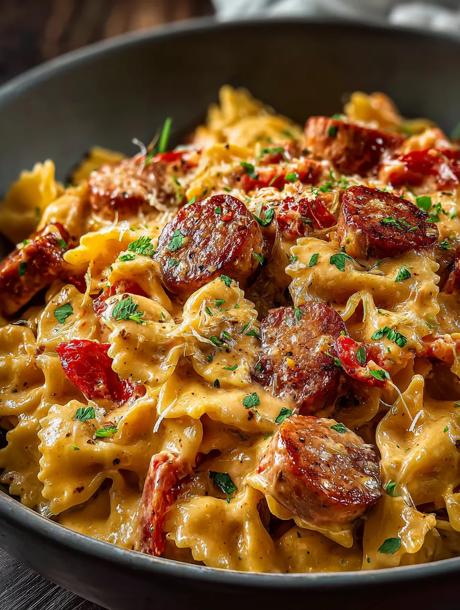 Un plato de pasta con salchicha y queso.
