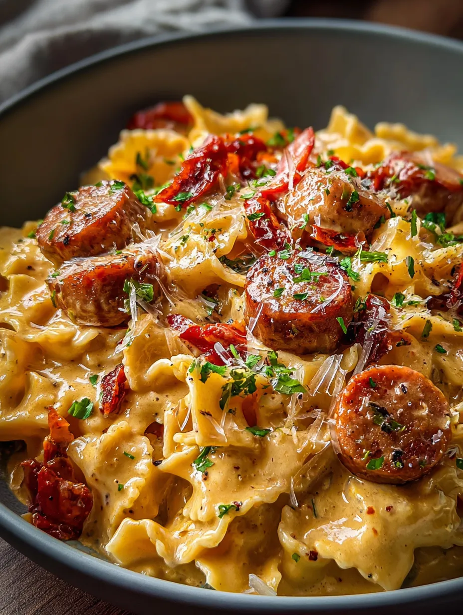 Un plato de pasta con salchicha y tomates.