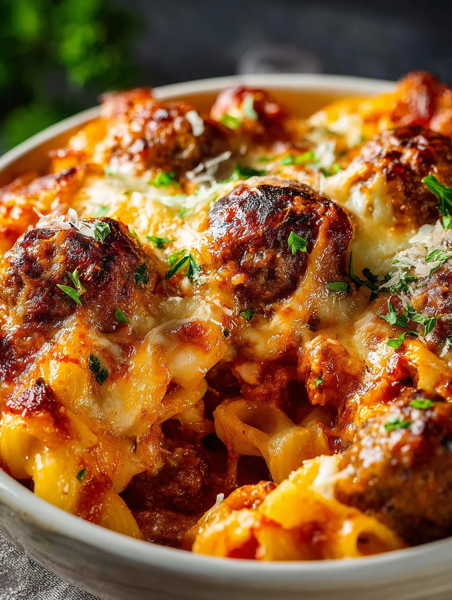 Un bowl de pasta con albóndigas y queso.