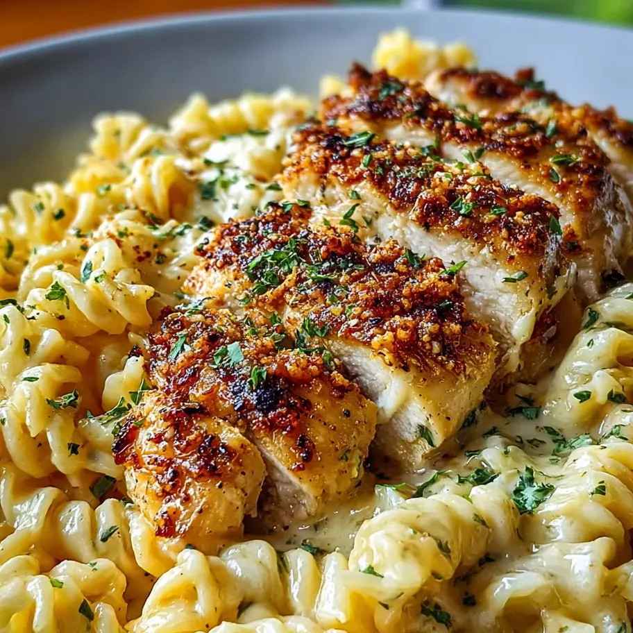 Un plato de pasta con pollo encima.