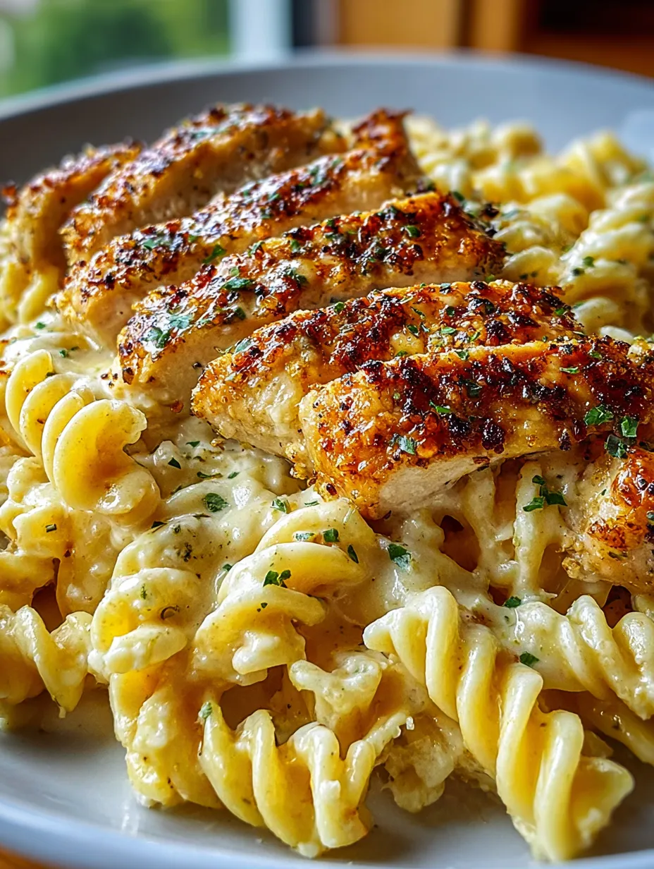 Un plato de pollo y pasta listo para servir.