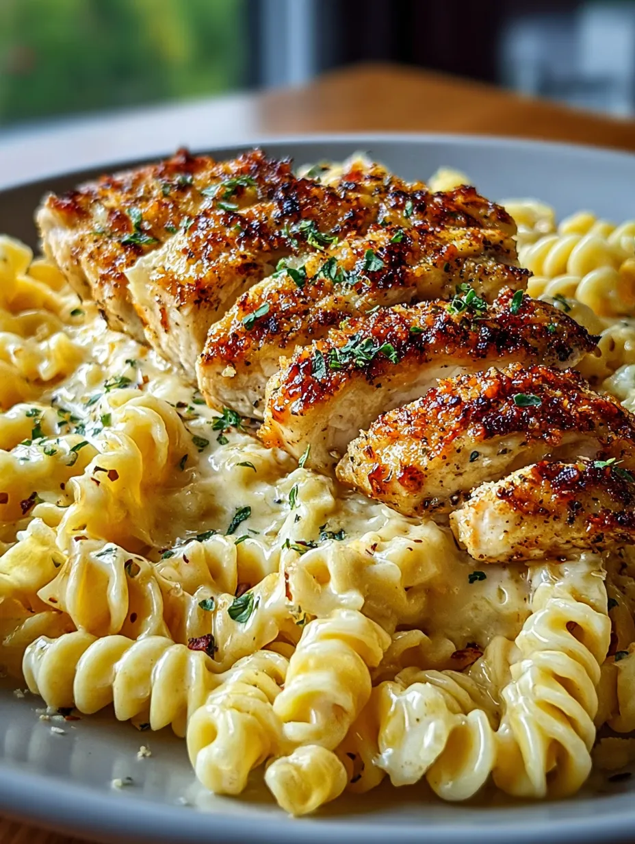 Un plato de pollo con pasta y salsa cremosa.