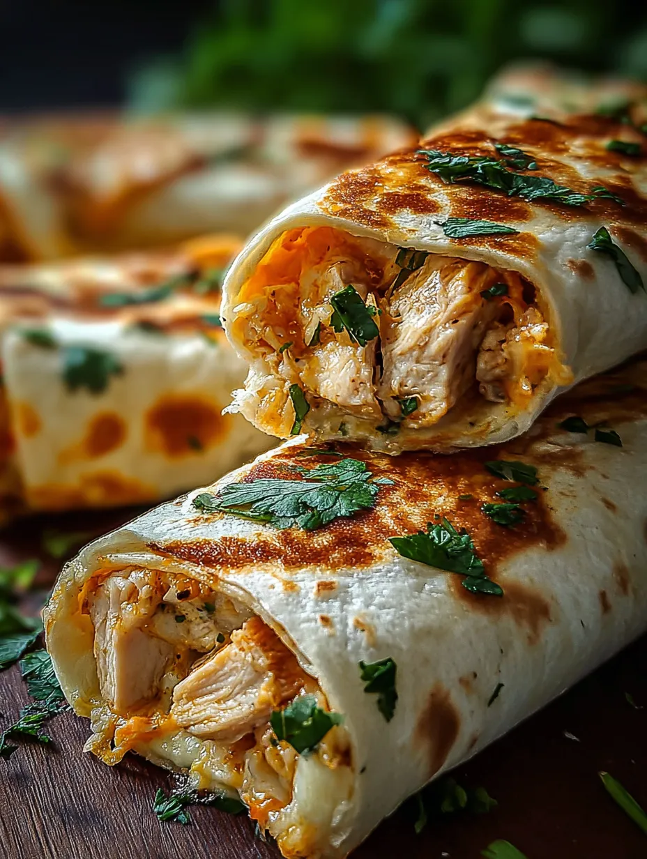 Un burrito de pollo con toppings verdes.