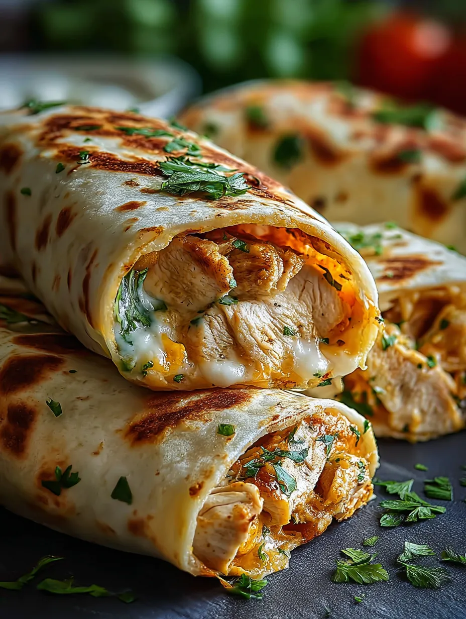 Un burrito de pollo con queso y cebollitas verdes.