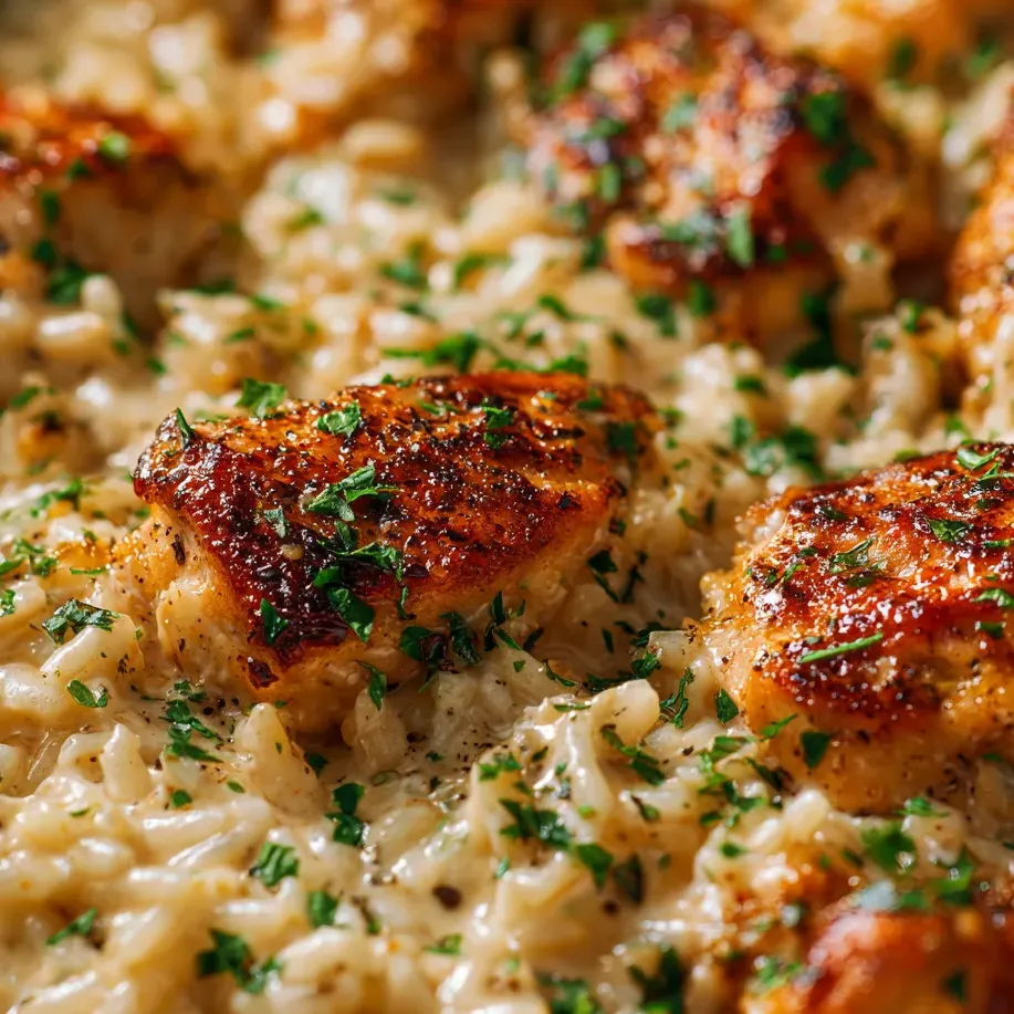Un plato de arroz con pollo y hierbas.