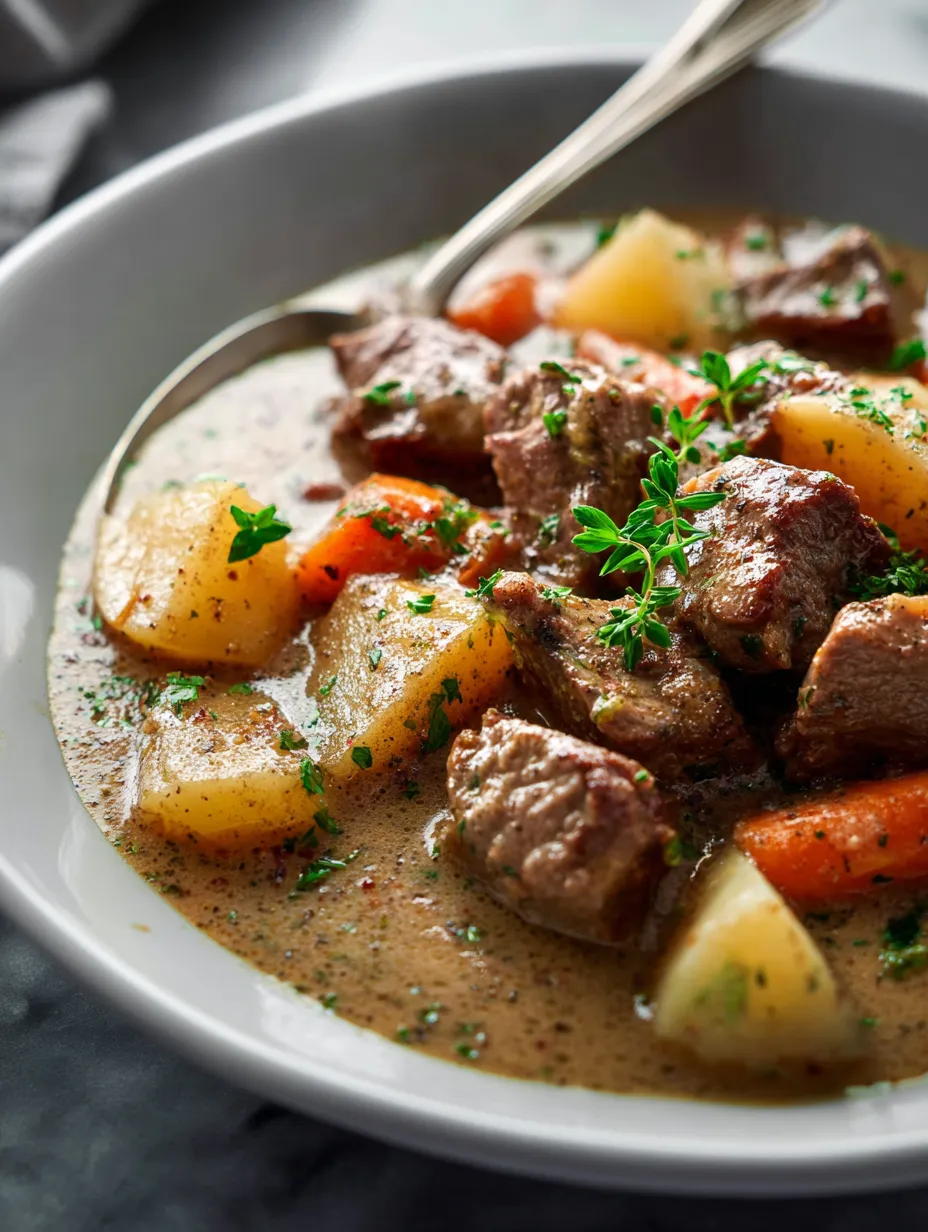 Un plato hondo con trozos de carne, verduras y caldo.