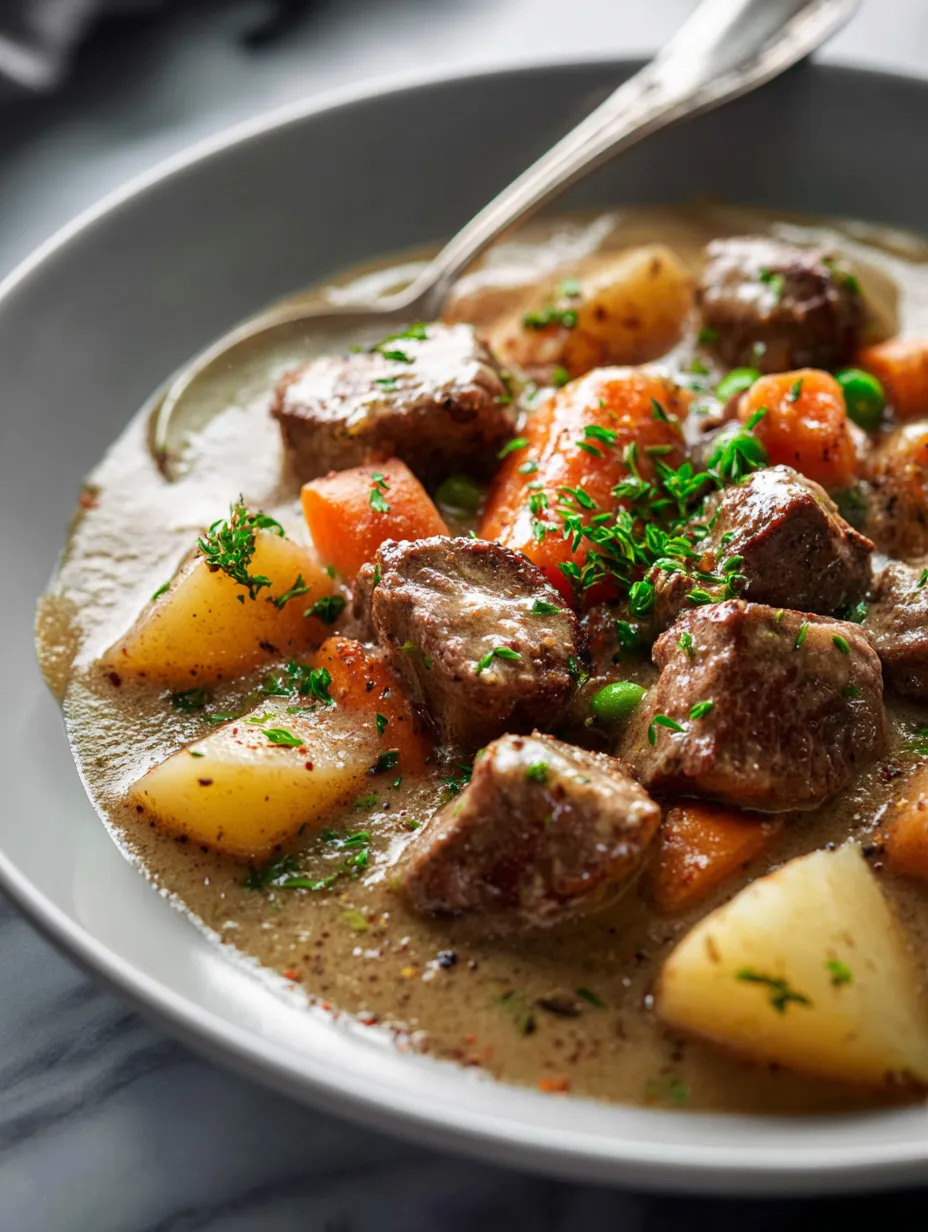 Un plato hondo con trozos de carne, verduras y caldo.