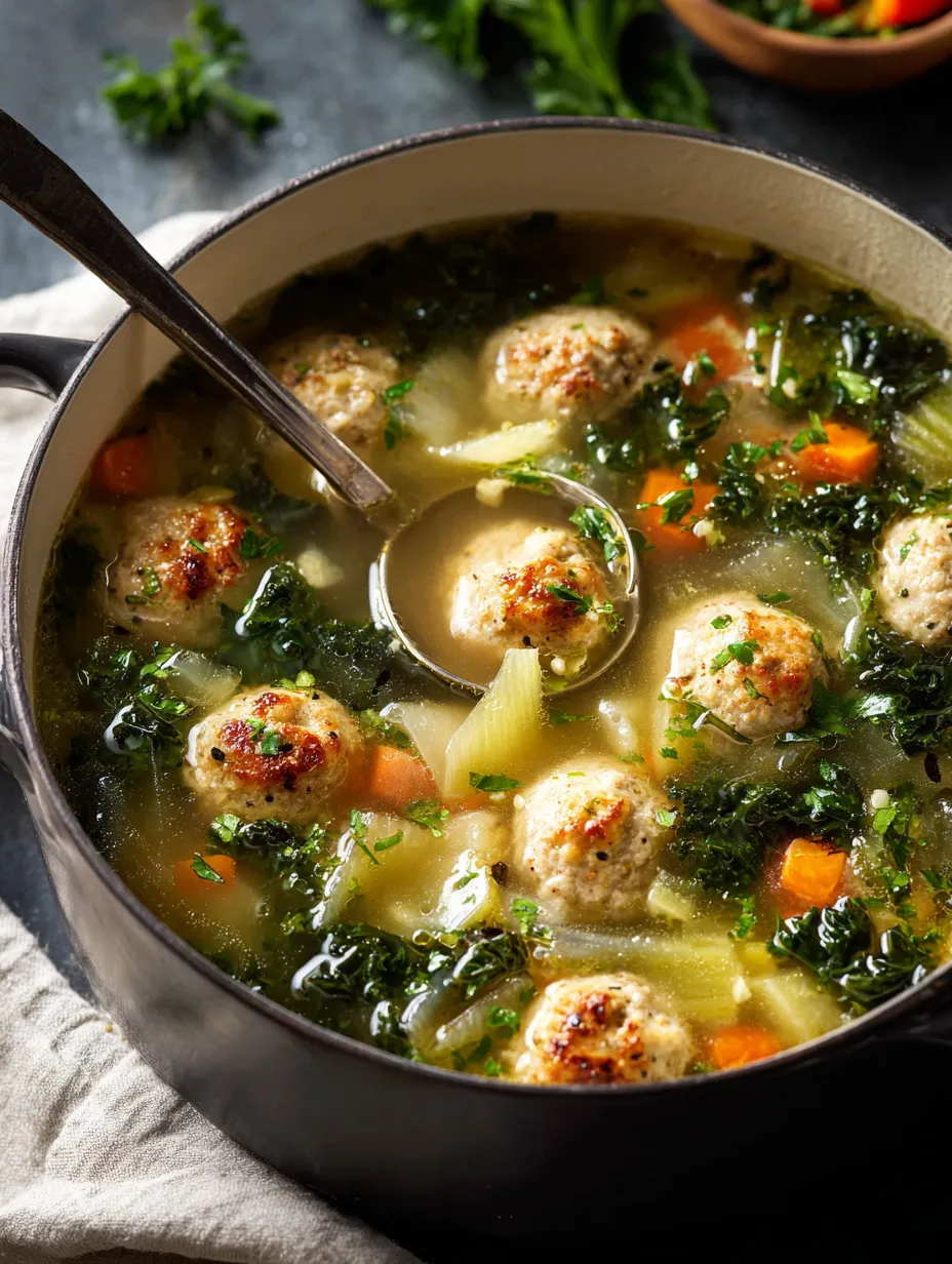 Un plato con sopa, albóndigas y verduras.