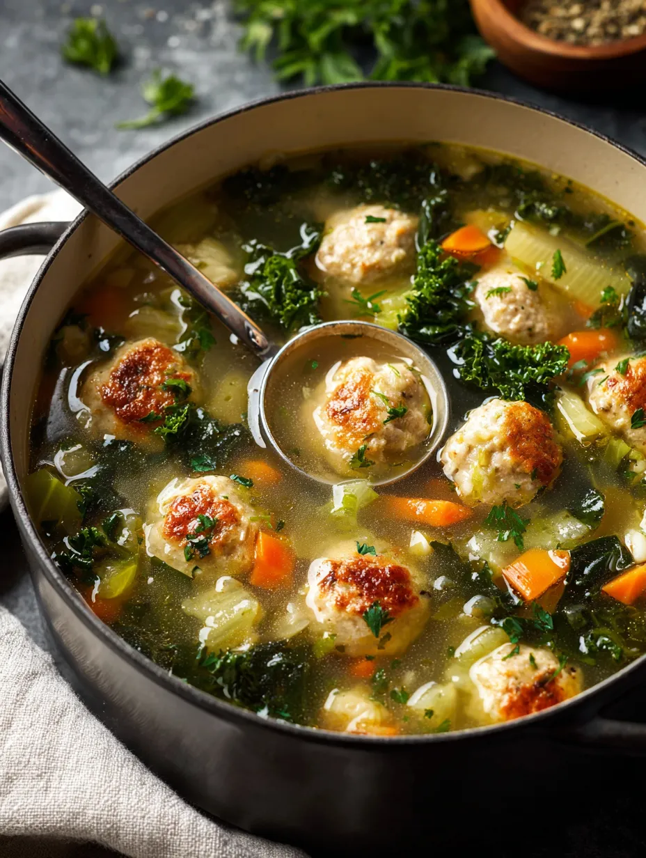 Un plato con sopa, albóndigas y verduras.