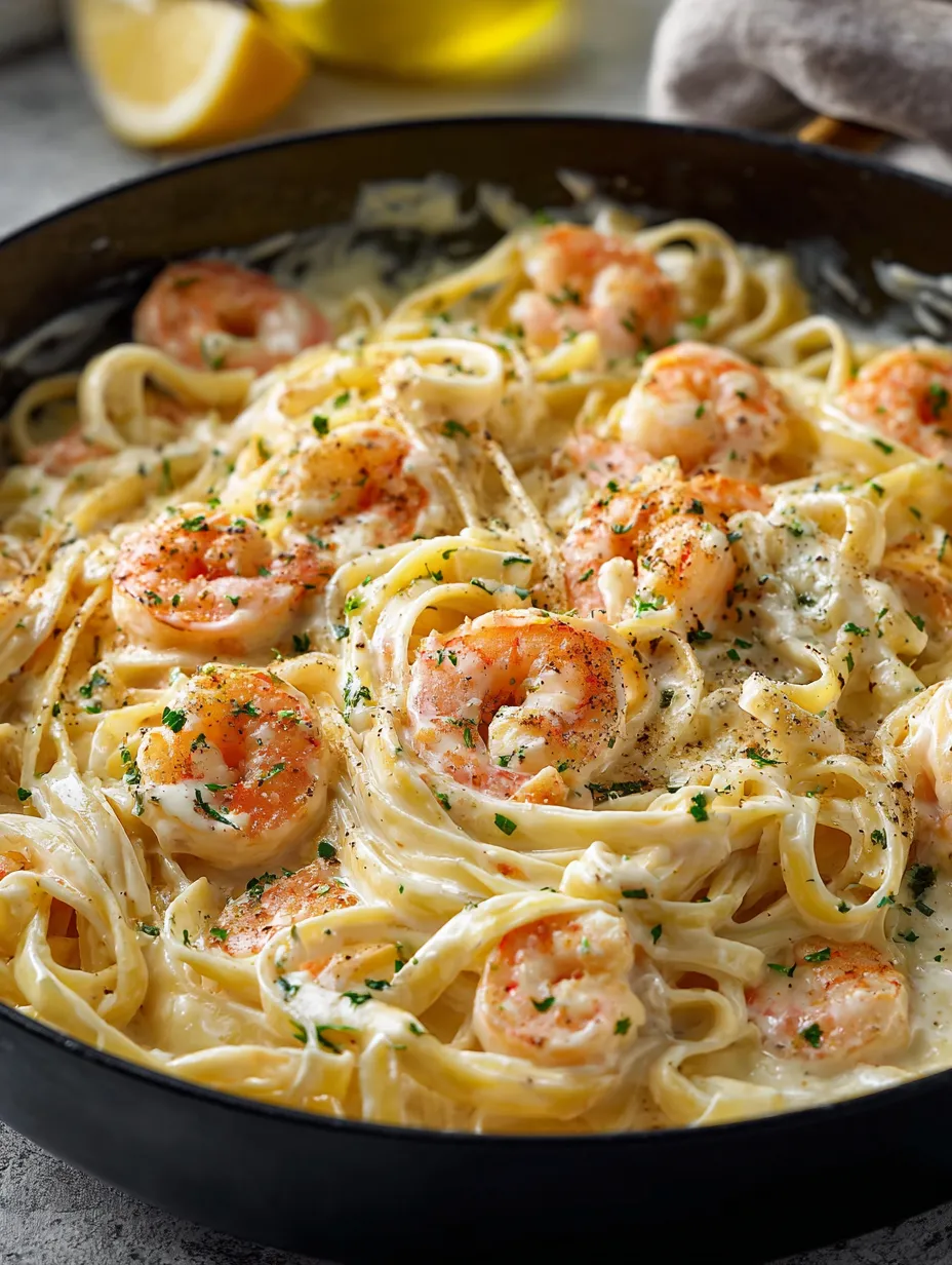 Un bol con camarones y fideos.