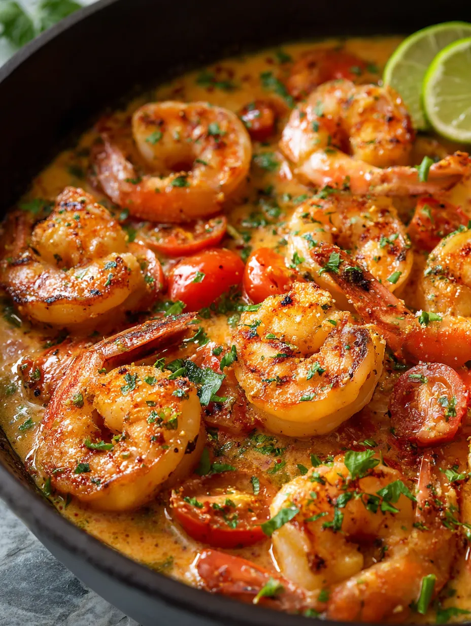 Un bol con camarones, tomates y limas.