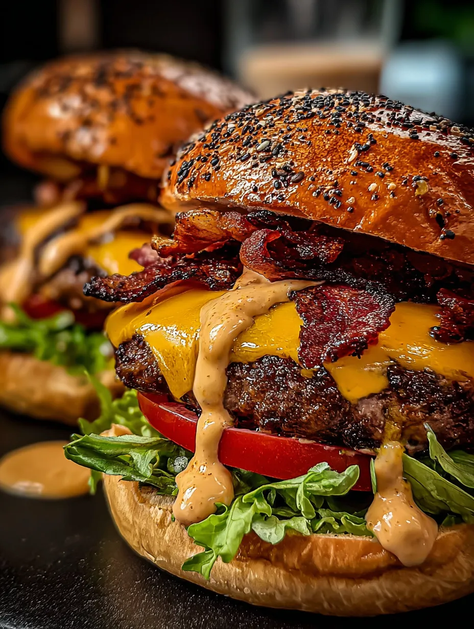 Vista cerca de una hamburguesa con tocino y queso.