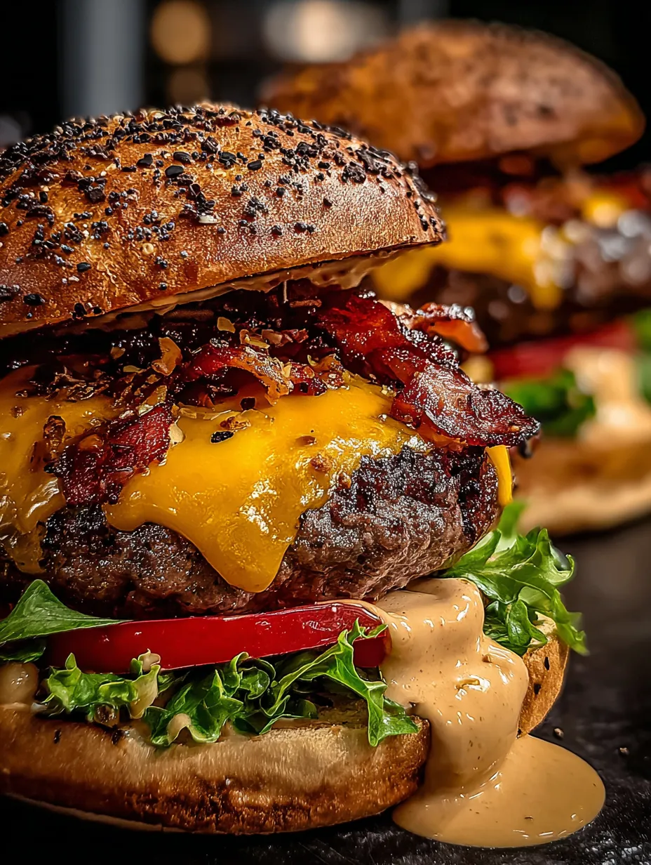 Vista cerca de una hamburguesa con tocino y queso cheddar.