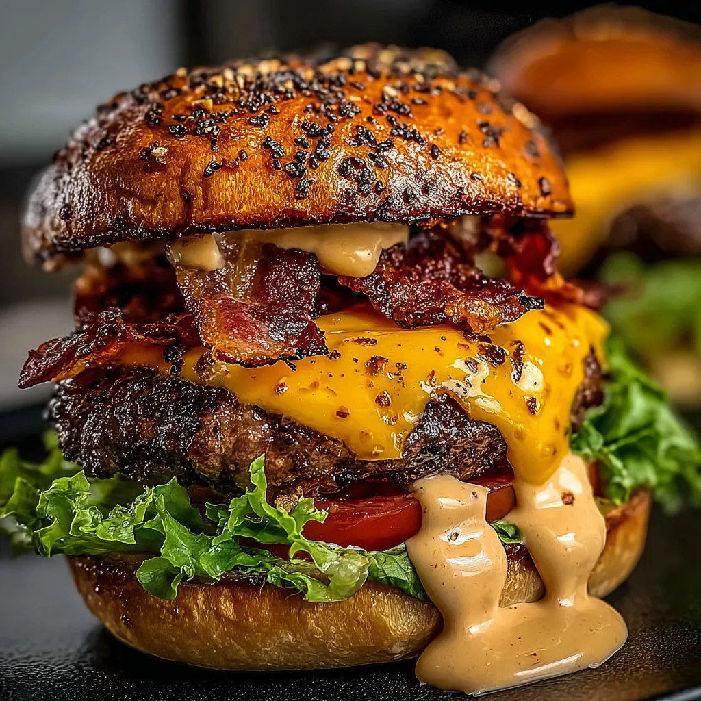 Primer plano de hamburguesa con tocino y queso.