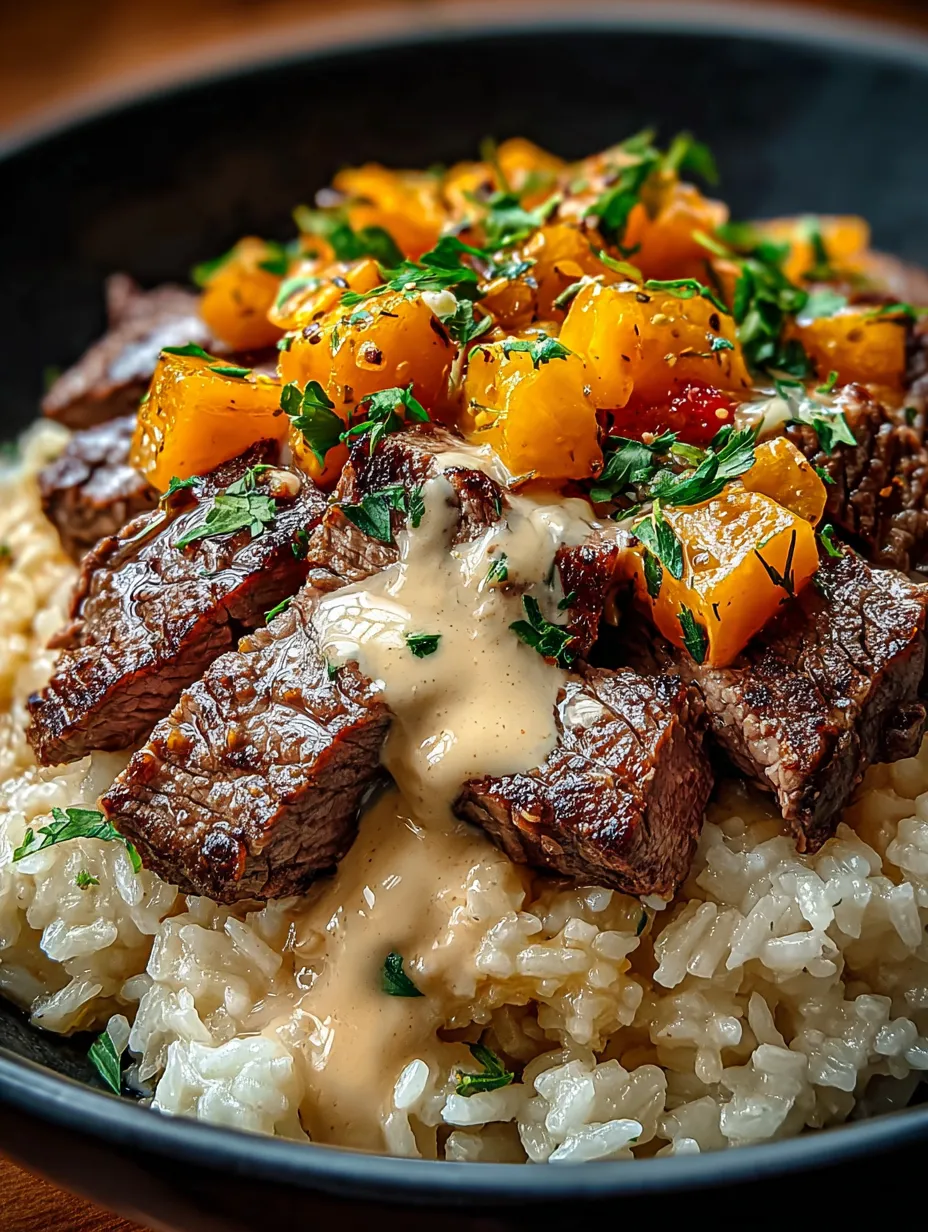 Un bol con orzo, carne y salsa.