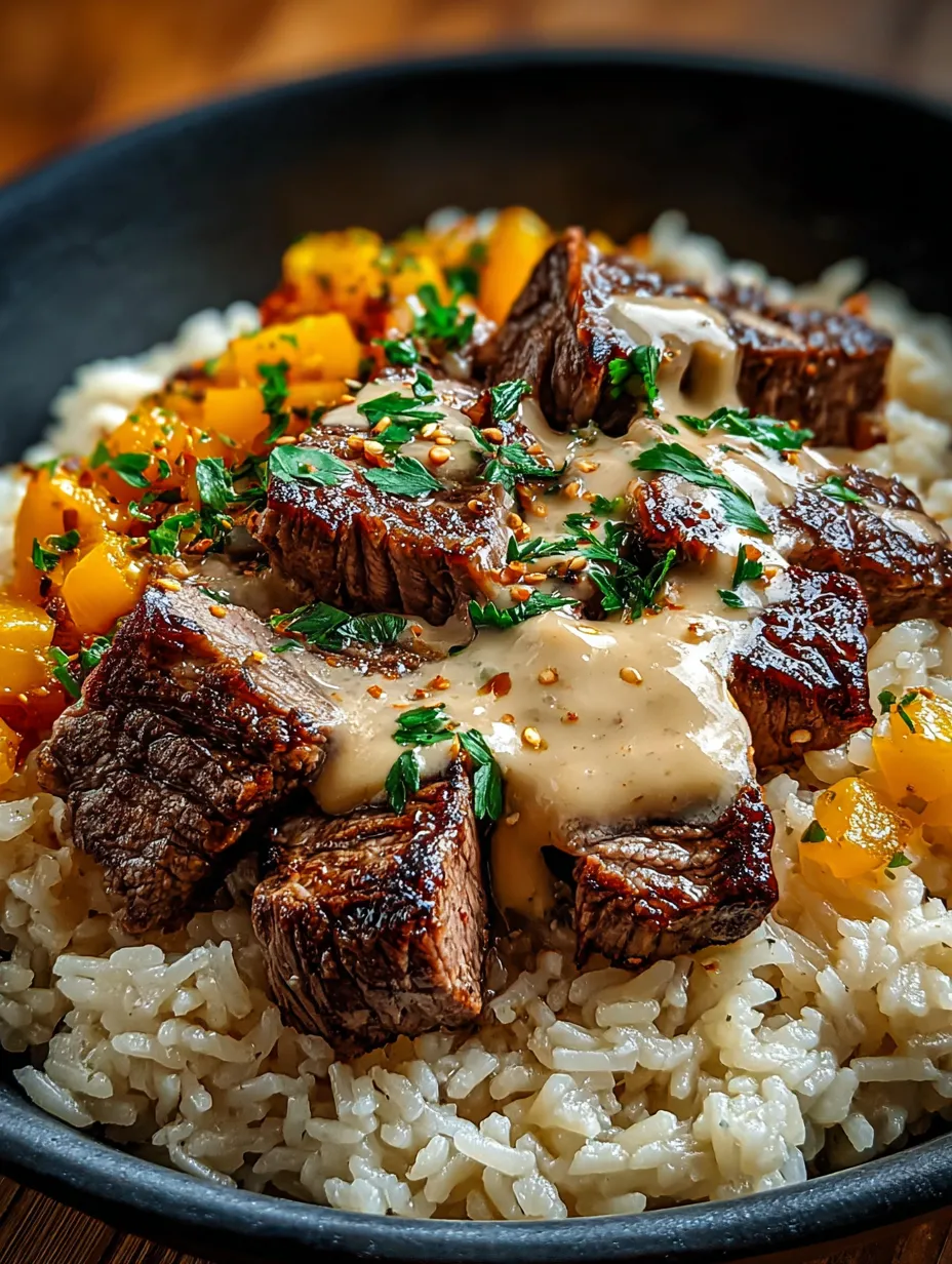 Un plato con carne, orzo y salsa.