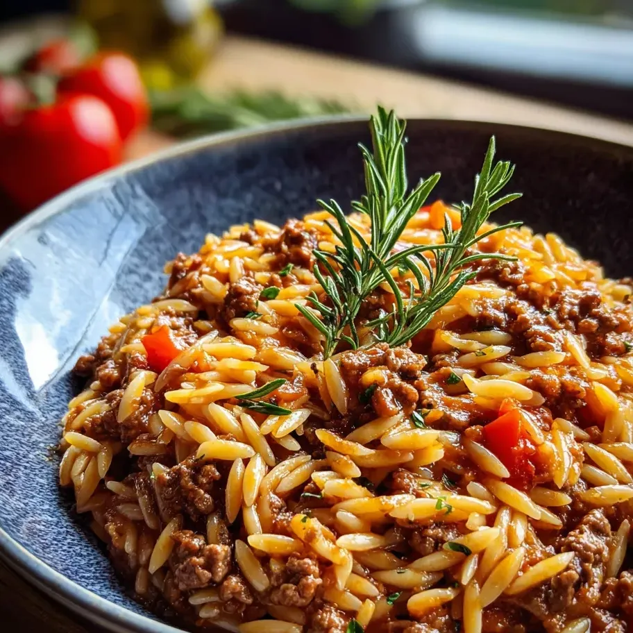 Un plato con pasta, carne y tomates.