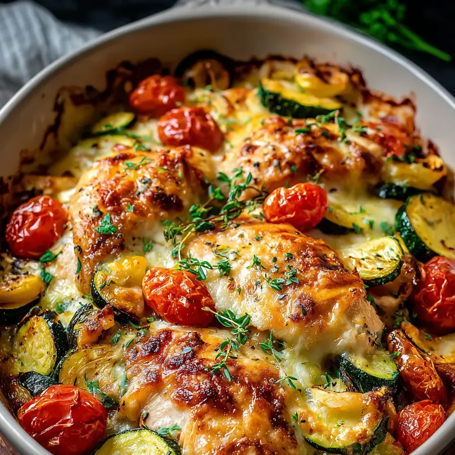 Bol con pollo, tomates y calabacín.