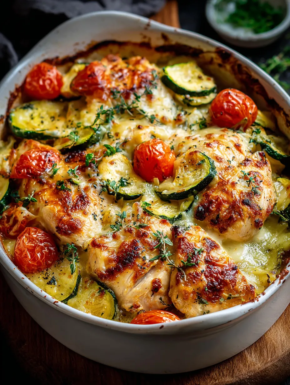 Un plato con pollo, tomates y calabacín.